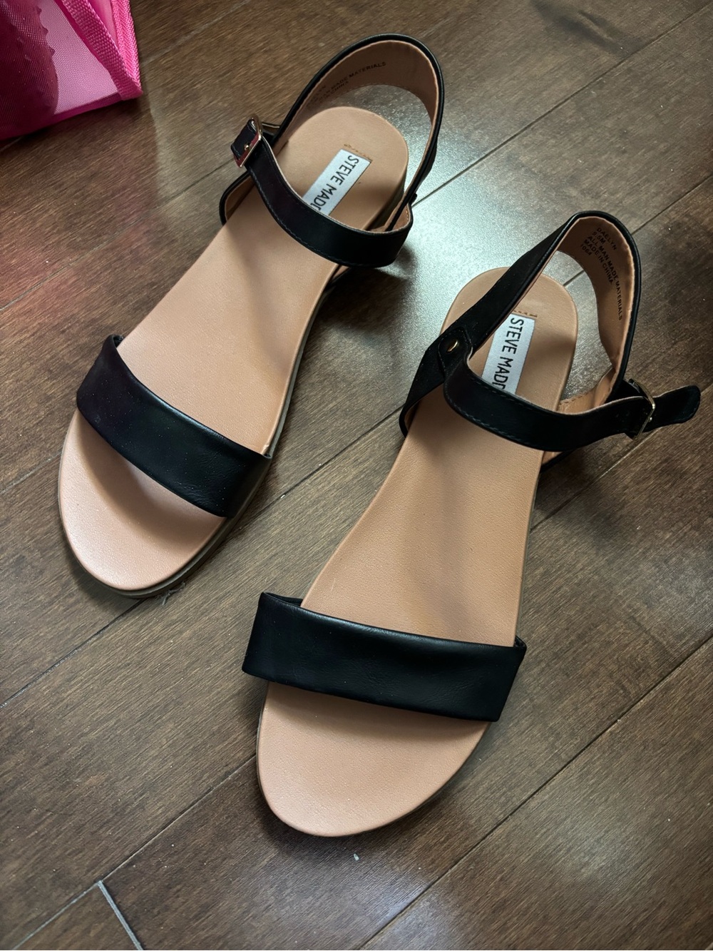 Steve Madden Black and Tan Ankle-Strap Flat Sandals